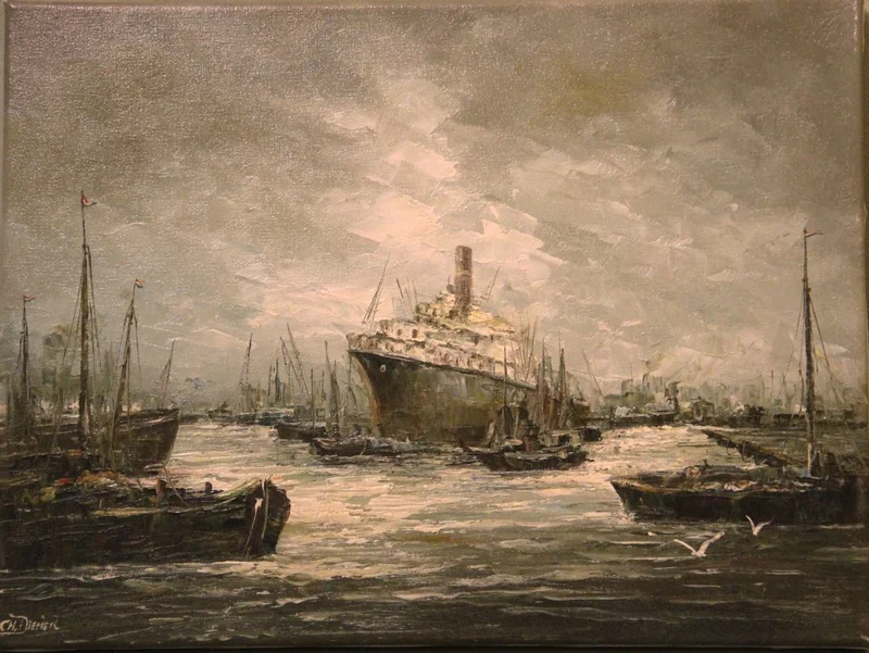 Havenzicht - Diversen › Schilderijen en prenten - Havenzicht, vermoedelijk Rotterdam
Gesigneerd: Ch. Diemer
40 x 30cm