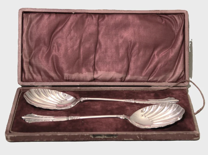 Paar slalepels - Zilver › Serviesgoed - €45.00 - Paar verzilverde slalepels in originele doos.
Gemerkt Ellis & Sons Birmingham
Ca 1930-1950