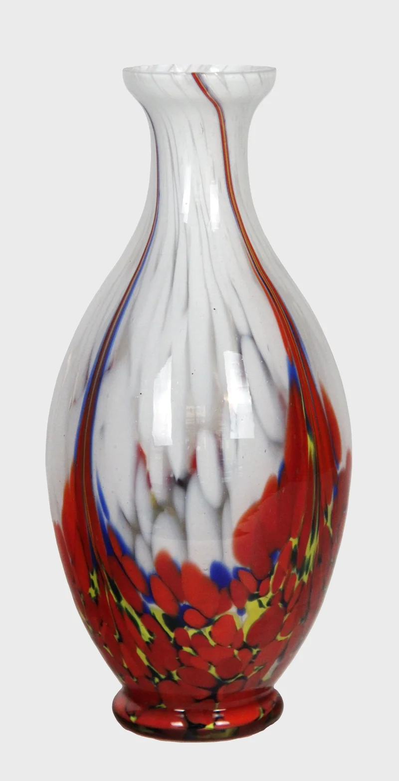 Vintage glazen vaas met rood decor - Glas › Vazen - €85.00 - Verrerie de Scailmont
diameter 12cm, 25cm hoog