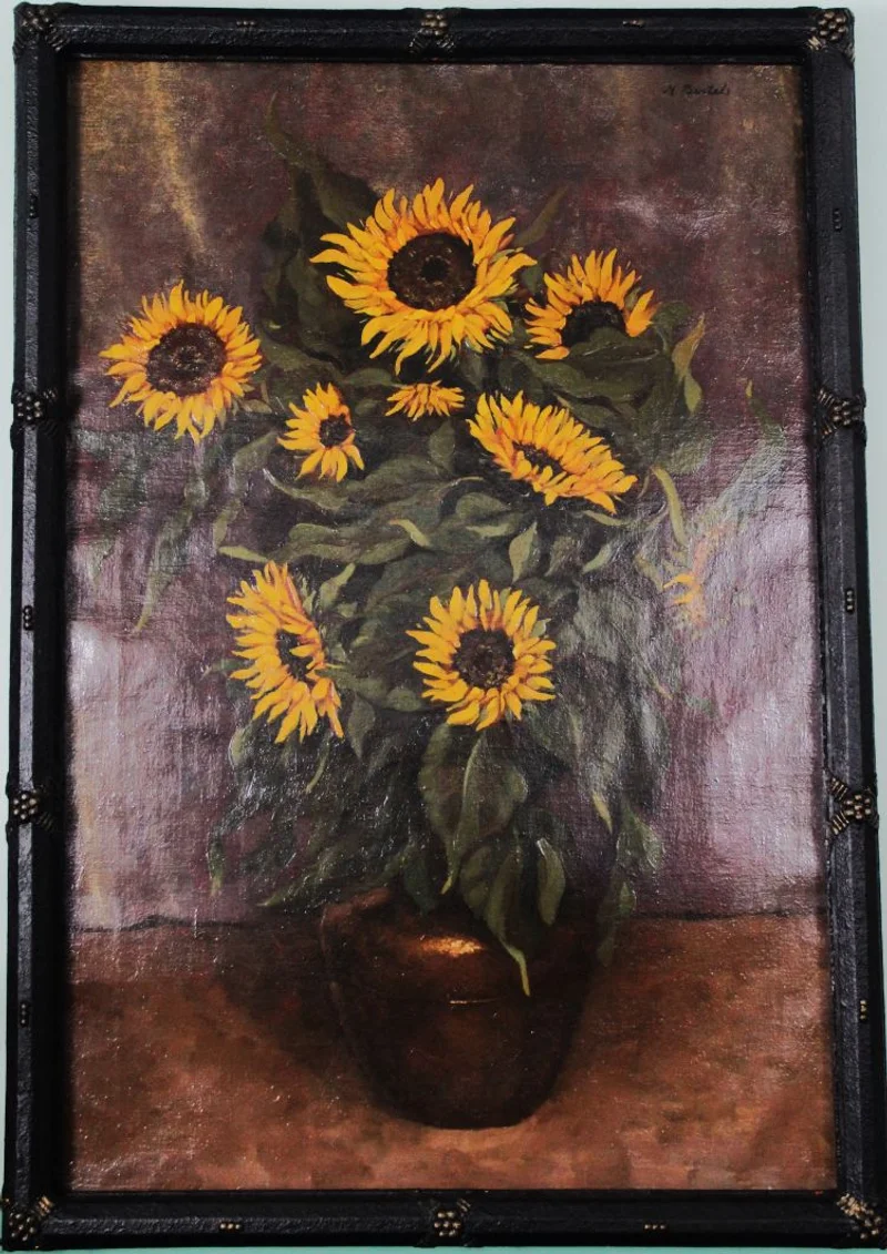 Zonnebloemen in vaas - Diversen  › Schilderijen en prenten - €240.00 - Schilderij op doek. Bovenaan rechts gesigneerd M Bertels. Niet gedateerd.
Oorspronkelijke lijst: 95x130cm